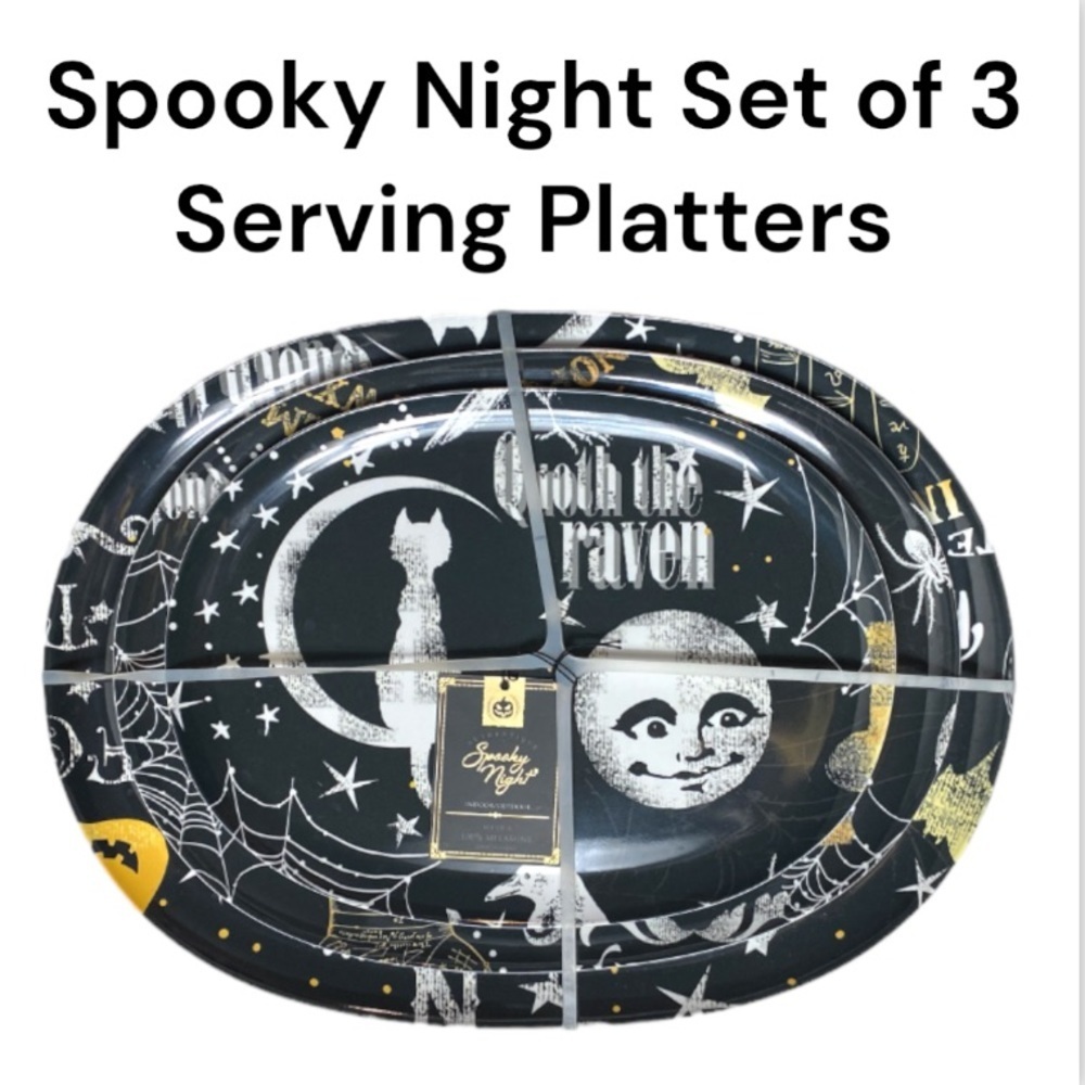NWT Spooky Night Halloween Melamine Skull & Bones Serving Platters Set of 3